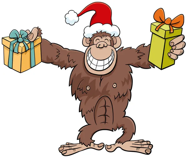 クリスマスの時間に存在するチンパンジーの動物のキャラクターの漫画イラスト — ストックベクタ