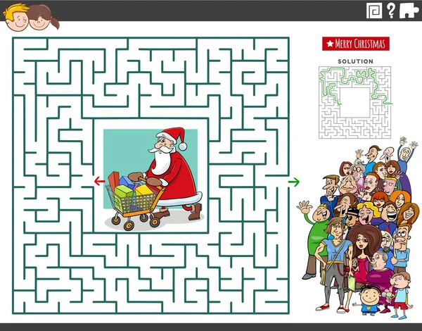 Cartoon Ilustrace Vzdělávací Bludiště Puzzle Hra Santa Claus Nákupním Košíku — Stockový vektor