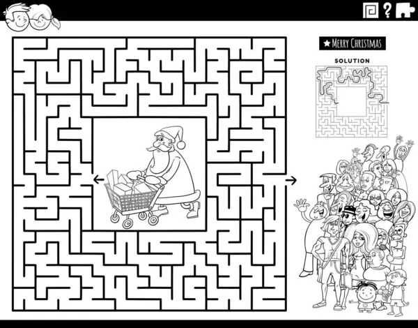 Illustrazione Bianco Nero Del Gioco Educativo Labirinto Puzzle Con Babbo — Vettoriale Stock
