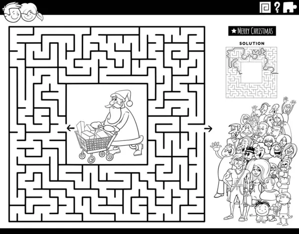 Svart Och Vit Tecknad Illustration Pedagogiska Labyrint Pusselspel Med Santa — Stock vektor