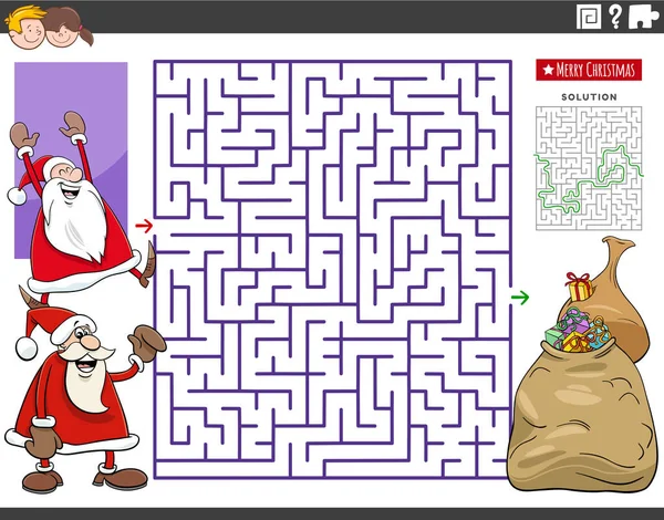 Cartoon Ilustrace Vzdělávací Bludiště Puzzle Hra Postavami Santa Claus Pytle — Stockový vektor