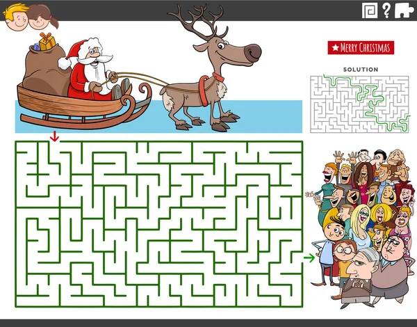 Cartoon Ilustrace Vzdělávací Bludiště Puzzle Hra Santa Clausem Saních Vánoční — Stockový vektor
