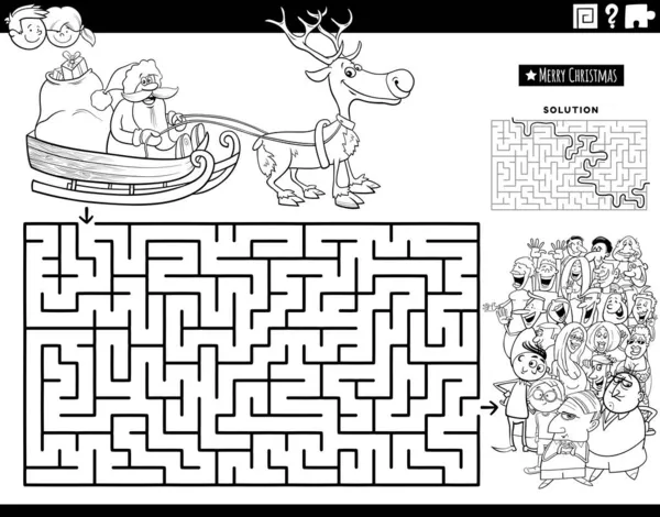 Svart Och Vit Tecknad Illustration Pedagogiska Labyrint Pusselspel Med Santa — Stock vektor