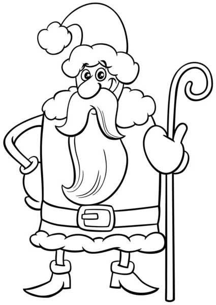 Illustrazione Bianco Nero Del Personaggio Felice Babbo Natale Con Bastone — Vettoriale Stock