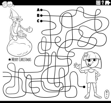 Çizgilerin siyah-beyaz çizimi Noel Baba karakteriyle labirent oyunu Noel zamanı boyama kitabı sayfasında hediye ve mutlu kız dolu.