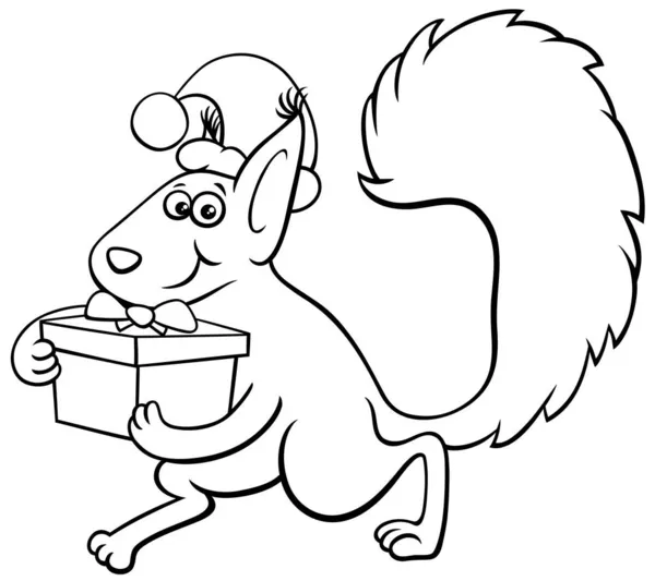 Desenho Animado Preto Branco Ilustração Personagem Animal Esquilo Com Presente — Vetor de Stock