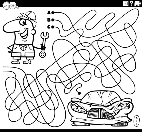 車のメカニックキャラクターと壊れた車のぬり絵の本のページと迷路パズルゲームの黒と白の漫画のイラスト — ストックベクタ