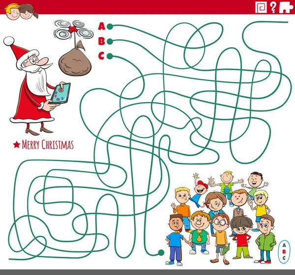 Cartoon Ilustrace Linií Bludiště Puzzle Hra Postavou Santa Claus Dětské — Stockový vektor