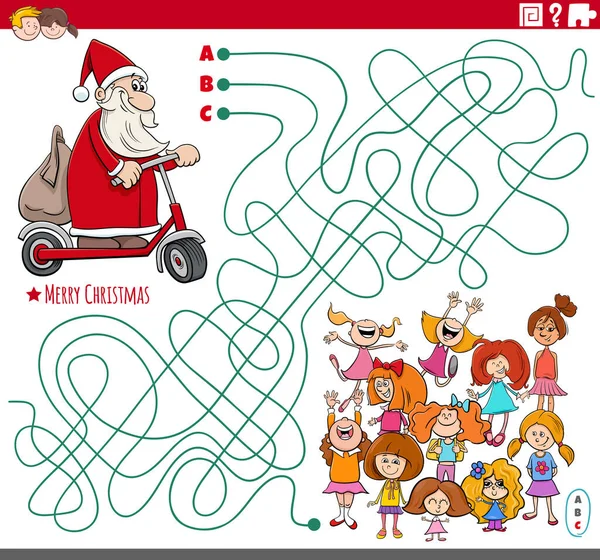 Cartoon Ilustrace Linií Bludiště Puzzle Hra Postavou Santa Claus Skútru — Stockový vektor