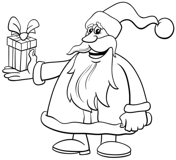 Svart Och Vit Tecknad Illustration Glad Jultomten Karaktär Med Gåva — Stock vektor