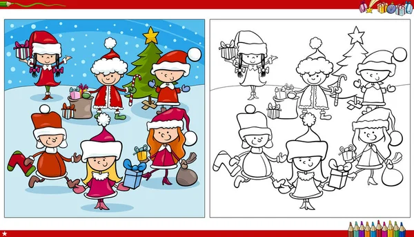 Illustrazione Cartone Animato Bambini Costumi Babbo Natale Sulla Pagina Del — Vettoriale Stock