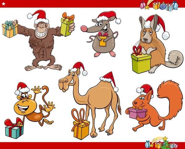 Dibujos Animados Ilustración Personajes Animales Divertidos Conjunto Tiempo Navidad — Vector de stock