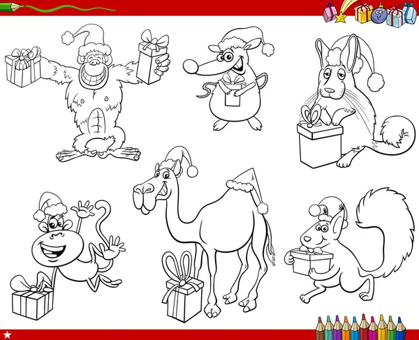 Schwarz Weiße Cartoon Illustration Von Tierfiguren Zur Weihnachtszeit Gesetzt Malbuch — Stockvektor