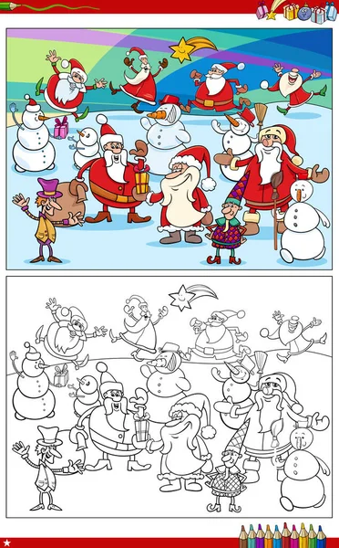 Dibujos Animados Ilustración Santa Claus Personajes Navidad Grupo Para Colorear — Vector de stock