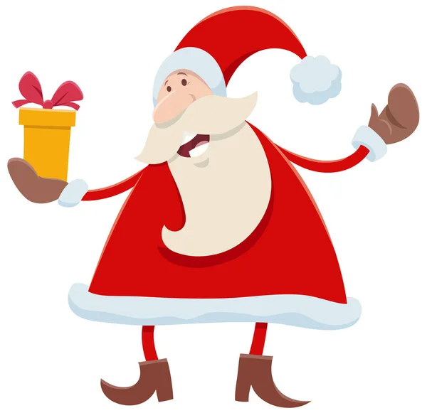 Dibujos Animados Ilustración Del Personaje Divertido Santa Claus Con Presente — Vector de stock