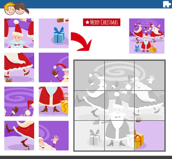 Tecknad Illustration Pedagogiska Pusselspel För Barn Med Glada Jultomten Tecken — Stock vektor