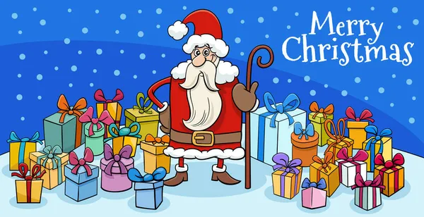 Wenskaart Cartoon Illustratie Van Kerstman Karakter Met Riet Vele Cadeautjes — Stockvector
