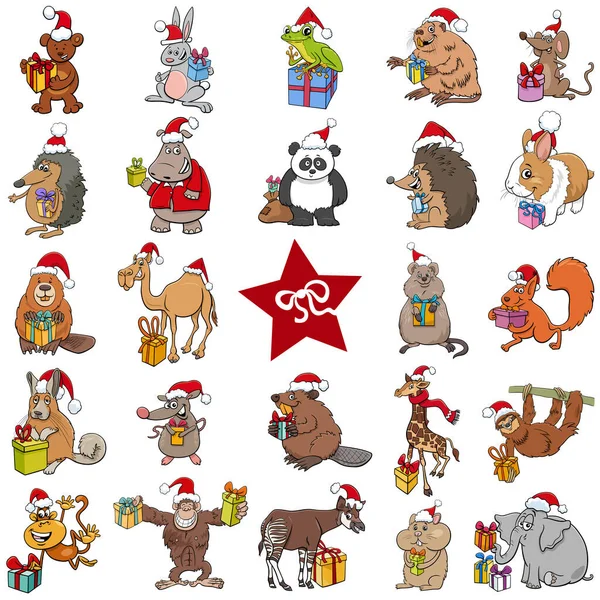 Cartoon Illustration Lustiger Tierfiguren Mit Geschenken Weihnachten — Stockvektor