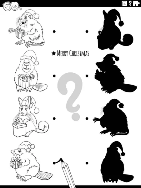 在圣诞彩绘书页上 黑白卡通画将正确的阴影与图画 教育游戏和动物角色相匹配 — 图库矢量图片