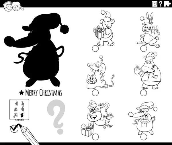 クリスマスの時間の着色の本のページ上の動物の文字を持つ子供のための影の教育課題に右の画像を見つけることの黒と白の漫画のイラスト — ストックベクタ