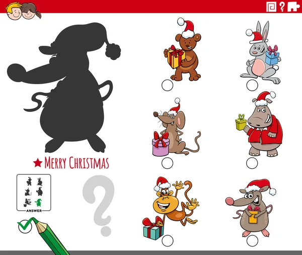 在圣诞节期间为有动物角色的儿童找到合适的影子教育任务的卡通画 — 图库矢量图片