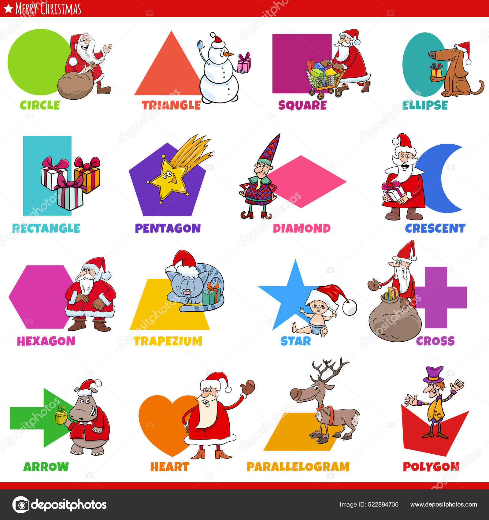 キャプション付きの幾何学的な形状の教育漫画のイラストや就学前や小学生のための面白いクリスマス休暇の文字 ストックベクター ©izakowski  522894736, image size:1599x1700