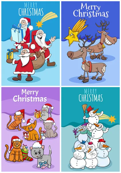 Desenhos Animados Ilustração Cartões Felicitações Natal Conjunto Com Papai Noel — Vetor de Stock