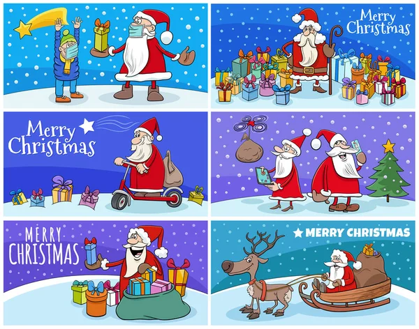 サンタクロースのキャラクターがセットされたクリスマスグリーティングカードの漫画イラスト — ストックベクタ