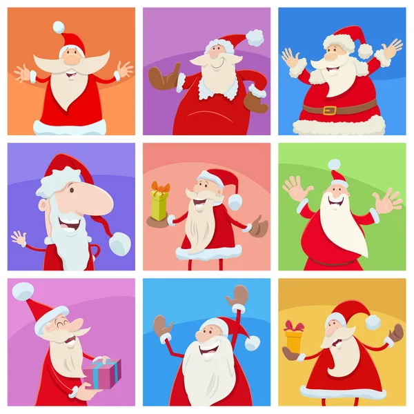 Caricatura Ilustración Tarjetas Felicitación Conjunto Con Personajes Santa Claus Tiempo — Vector de stock