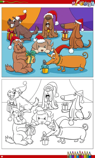 Dibujos Animados Ilustración Personajes Perro Con Regalos Navidad Para Colorear — Vector de stock