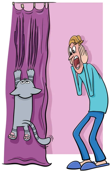 Cartoon Illustration Cat Hanging Curtain His Terrified Owner — Stock Vector