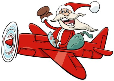 Noel Baba karakterinin Noel zamanı hediyelerle dolu bir uçakta karikatür çizimi.