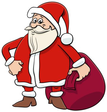 Noel hediyelerini çuvalı ile komik Santa Claus karakter karikatür illüstrasyon