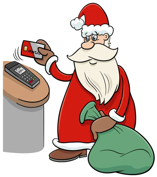 Karikatur Des Weihnachtsmannes Der Mit Kreditkarte Weihnachtsgeschenke Bezahlt — Stockvektor