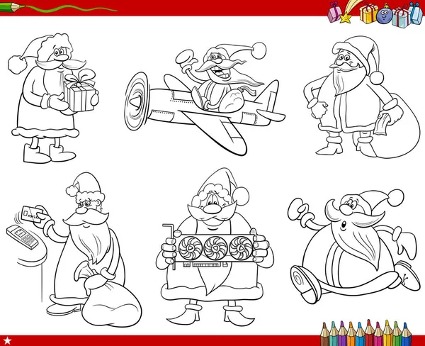 Illustrazione Bianco Nero Del Cartone Animato Babbo Natale Personaggi Set — Vettoriale Stock