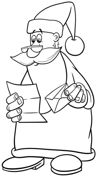Black White Cartoon Illustration Santa Claus Character Reading Letter Christmas — Stock Vector