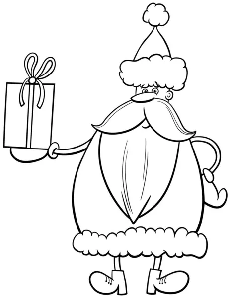 Black White Cartoon Illustration Funny Santa Claus Character Christmas Present — Stock Vector
