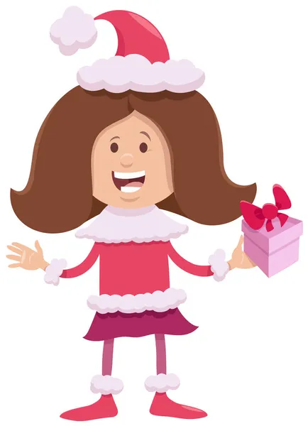 Cartoon Illustration Girl Santa Claus Costume Christmas Present — Stock Vector