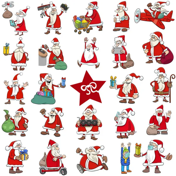 Noel Baba Nın Karikatür Çizimi Noel Tatili Karakterleri Büyük Set — Stok Vektör