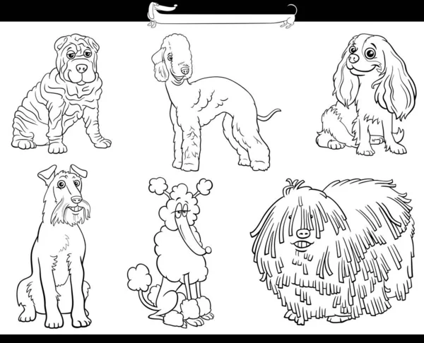 Schwarz Weiße Zeichentrickillustration Von Lustigen Reinrassigen Hunden Comicfiguren Gesetzt — Stockvektor