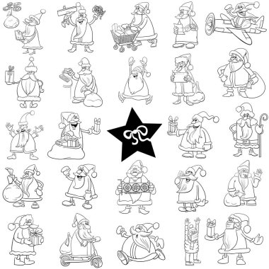 Noel Baba 'nın siyah beyaz karikatür çizimi Noel tatili karakterleri büyük set