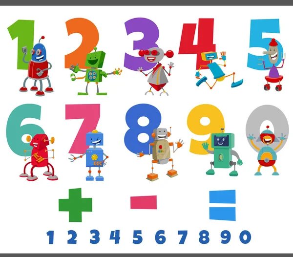 卡通画的教育数字设置从1到9与幻想机器人字符 — 图库矢量图片
