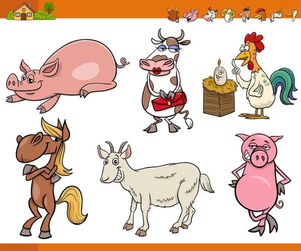 Cartoon Illustration Farm Animals Stripfiguren Set — Stockvector