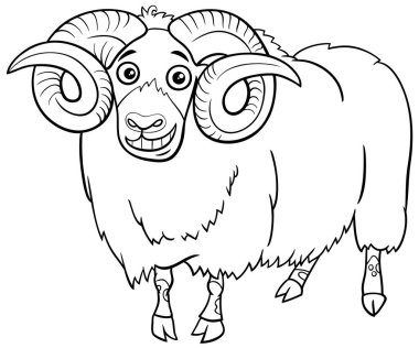 Komik Ram Çiftliği Hayvan Karakteri Çizim Kitabı Sayfasının Siyah ve Beyaz Çizgi Filmi