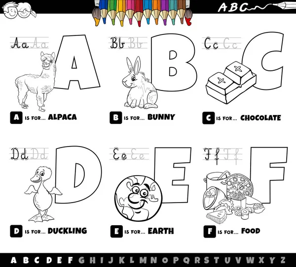 AからFまでの子供のための読書や執筆練習のためのアルファベット教育セットからの大文字の黒と白の漫画のイラストの本のページ — ストックベクタ