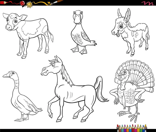 Ilustração Desenhos Animados Preto Branco Personagens Animais Fazenda Engraçados Conjunto — Vetor de Stock