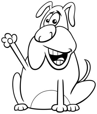 Siyah beyaz karikatür çizimi komik köpek çizgi roman karakteri patisini boyayan kitap sayfasını sallıyor.