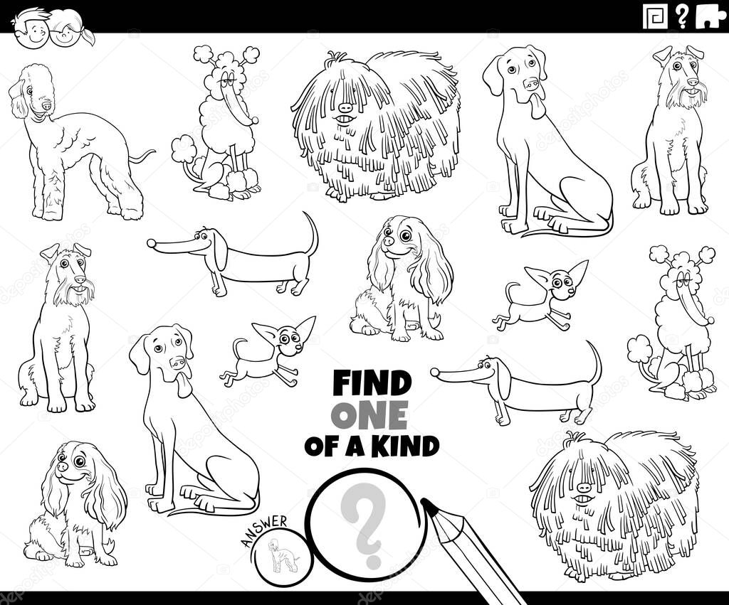 Black and white cartoon illustration of find one of a kind picture educational game with purebred dogs animal characters coloring book page