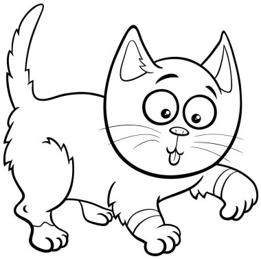 Oyuncu kedi ya da kedi yavrusu çizgi roman karakteri boyama sayfasının siyah beyaz çizimi