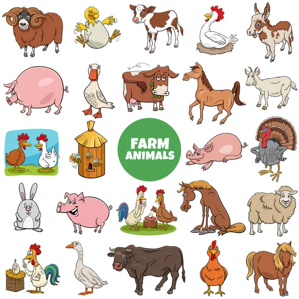 Ilustracja Kreskówka Funny Farm Zwierzęcych Znaków Duży Zestaw — Wektor stockowy